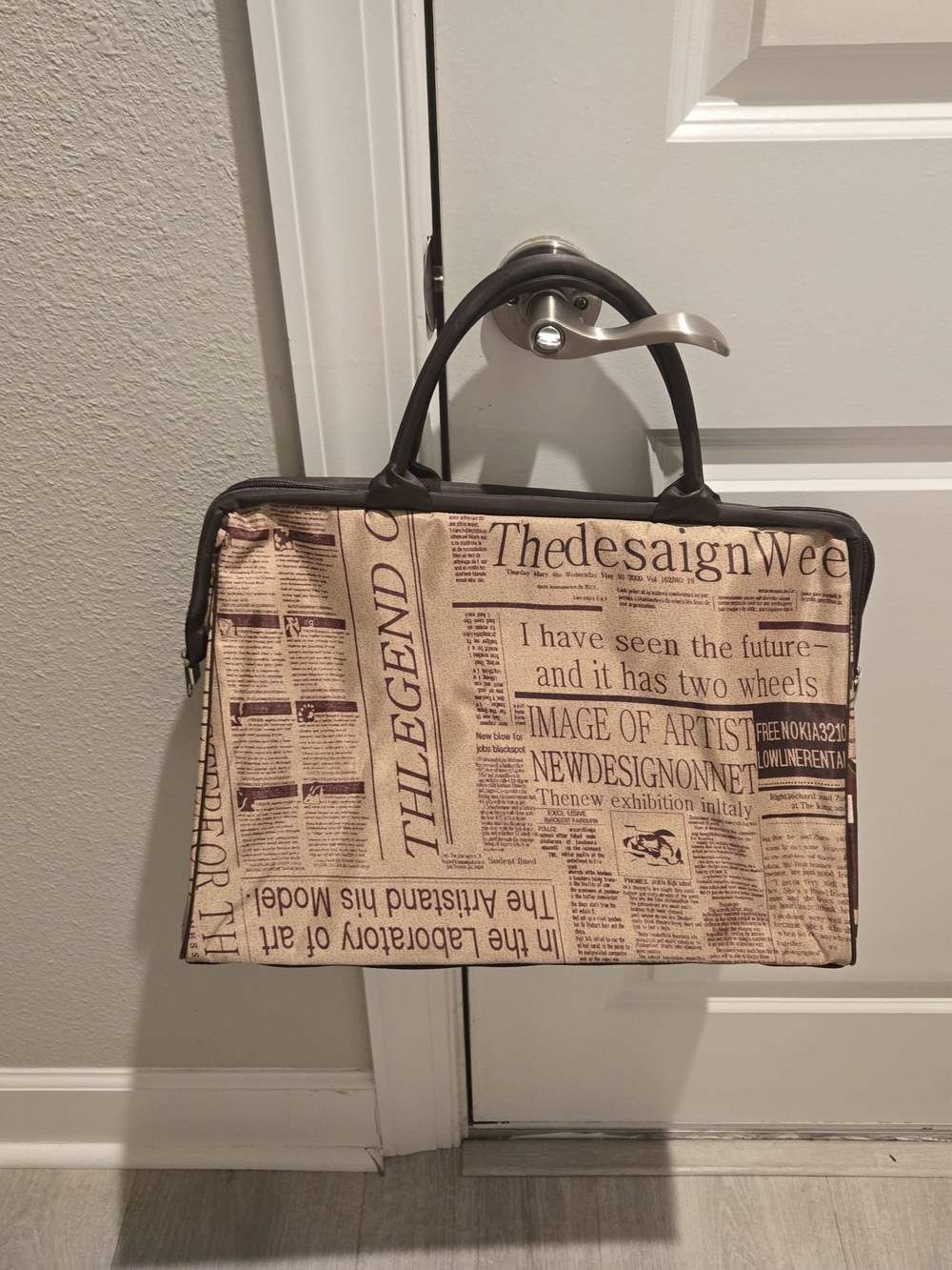 Newspaper Print Laptop Satchel in Beige and Brown